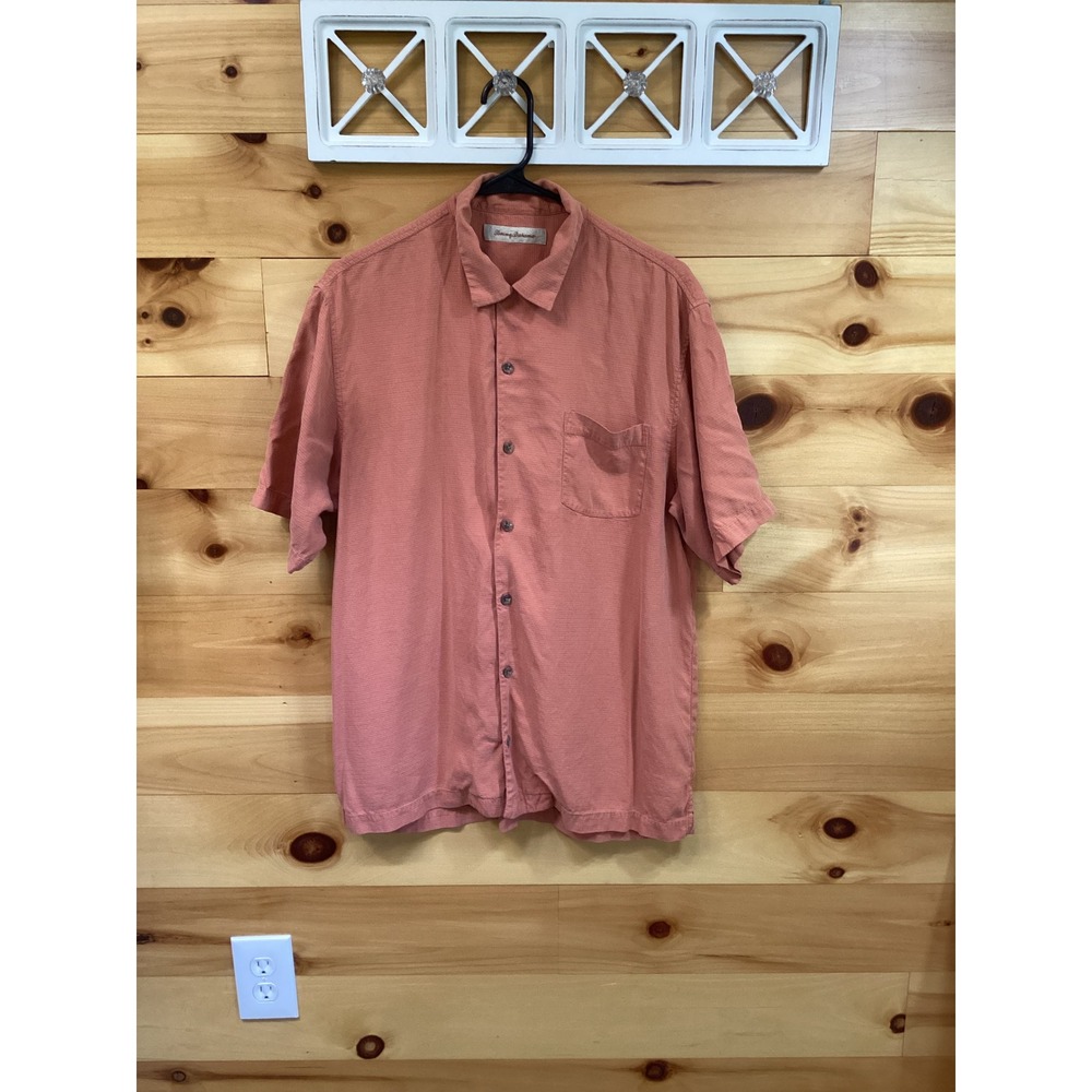 Tommy Bahama Mens Small Silk Short Sleeve Button Down Shirt‎ Coral Terracotta